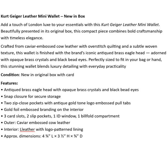 Kurt Geiger Leather Mini Wallet – New in Box - Picture 2 of 7